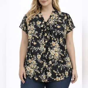2X SHEER Siren Lily Black and Yellow Floral Blouse with bow